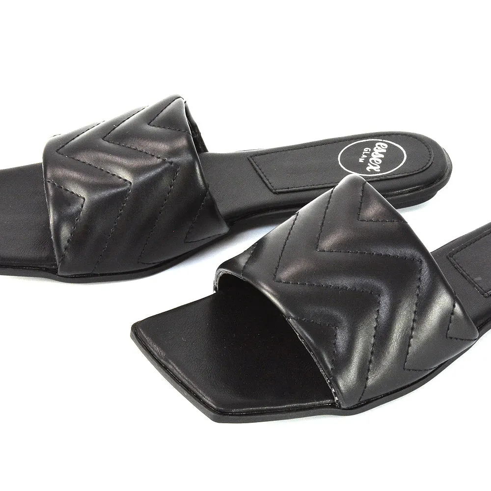 CHERRY QUILTED STRAPPY SQUARE TOE SLIDER SANDALS IN BLACK SYNTHETIC LEATHER