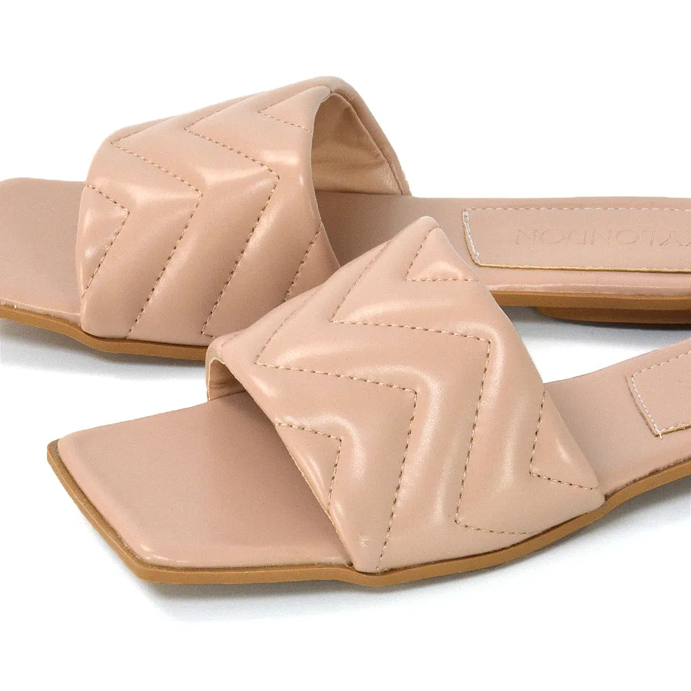 CHERRY QUILTED STRAPPY SQUARE TOE SLIDER SANDALS IN BLACK SYNTHETIC LEATHER