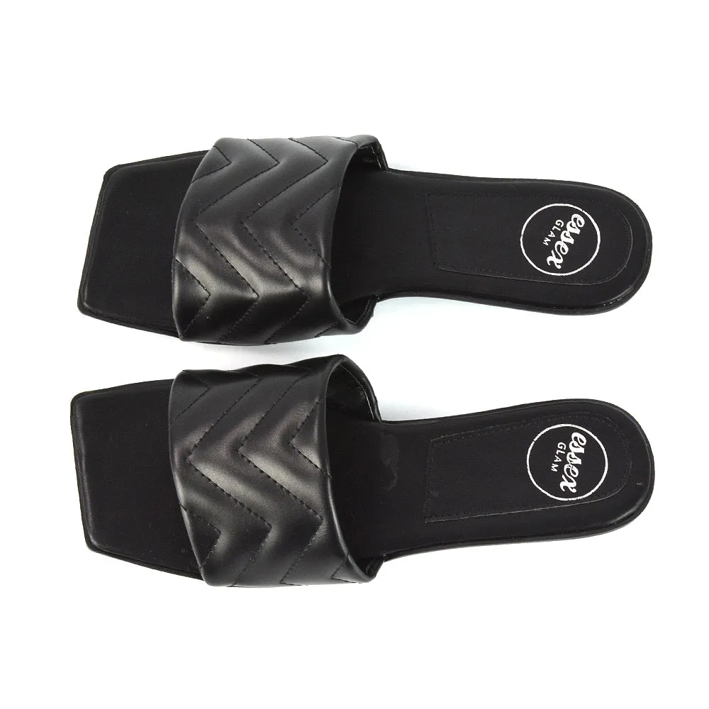 CHERRY QUILTED STRAPPY SQUARE TOE SLIDER SANDALS IN BLACK SYNTHETIC LEATHER