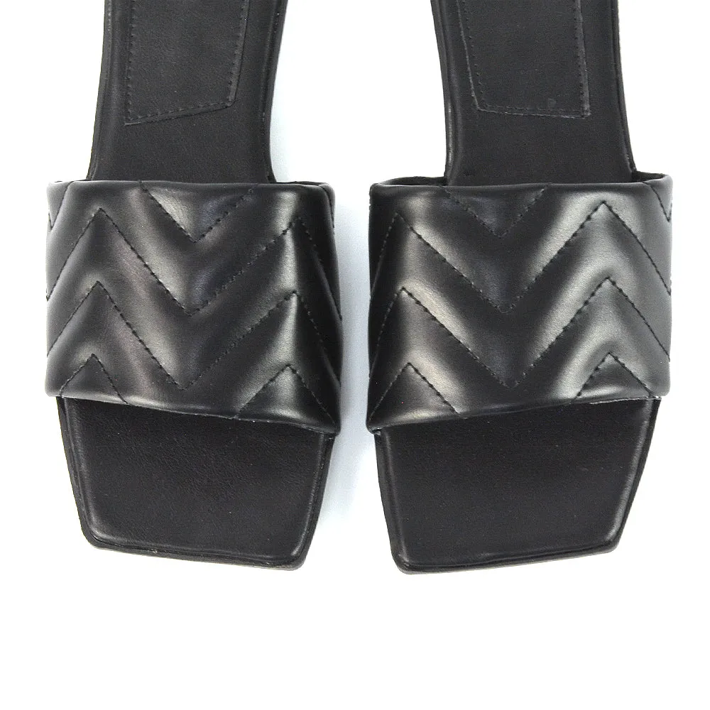 CHERRY QUILTED STRAPPY SQUARE TOE SLIDER SANDALS IN BLACK SYNTHETIC LEATHER