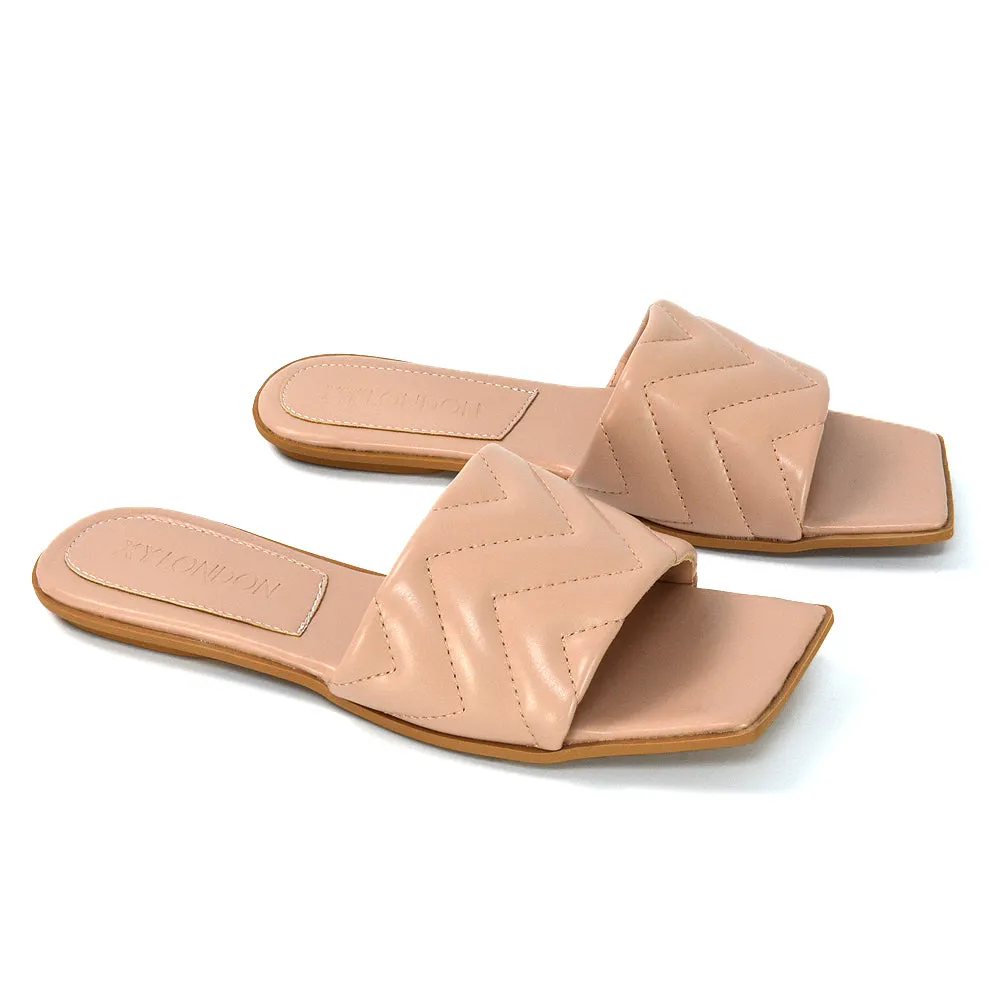 CHERRY QUILTED STRAPPY SQUARE TOE SLIDER SANDALS IN BLACK SYNTHETIC LEATHER