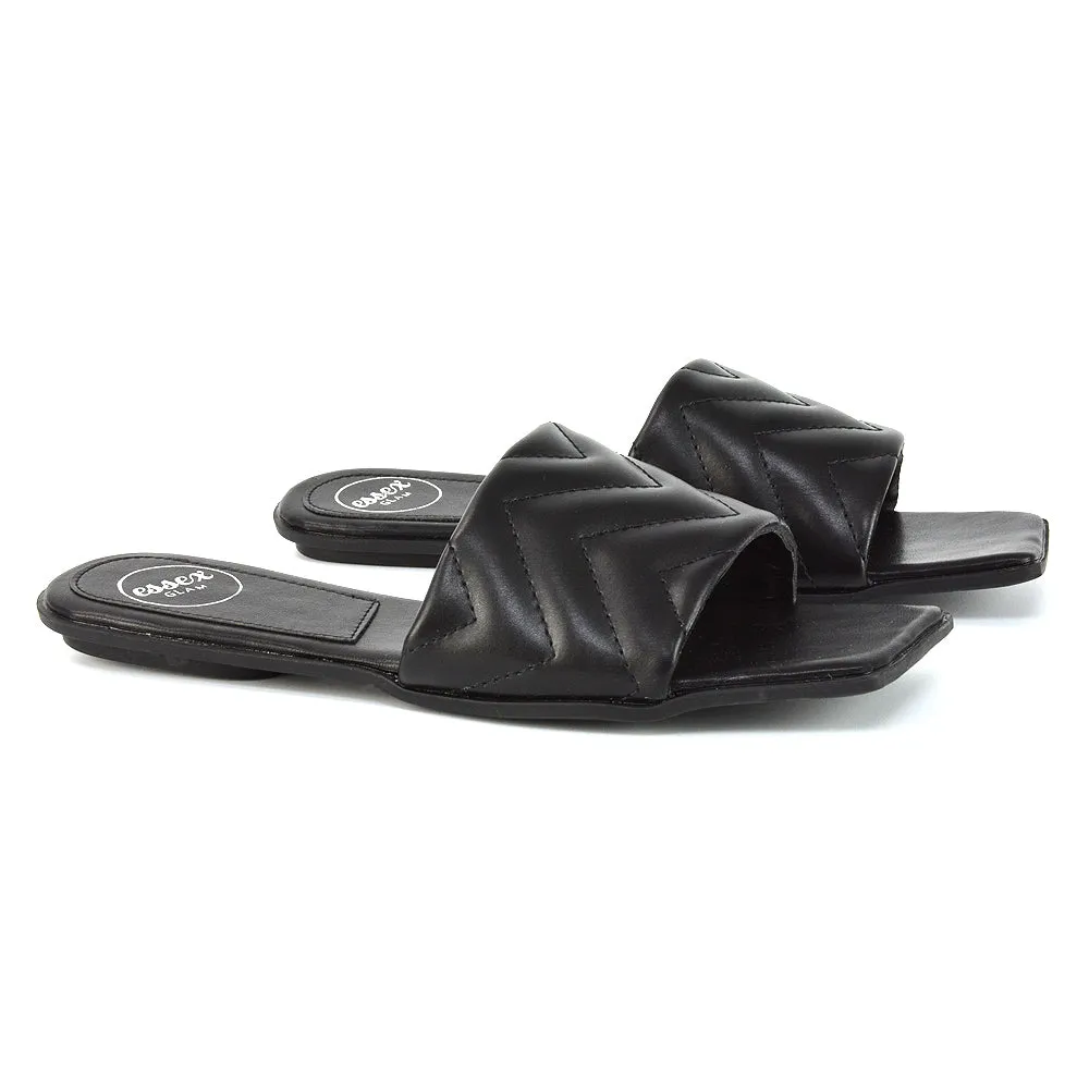 CHERRY QUILTED STRAPPY SQUARE TOE SLIDER SANDALS IN BLACK SYNTHETIC LEATHER