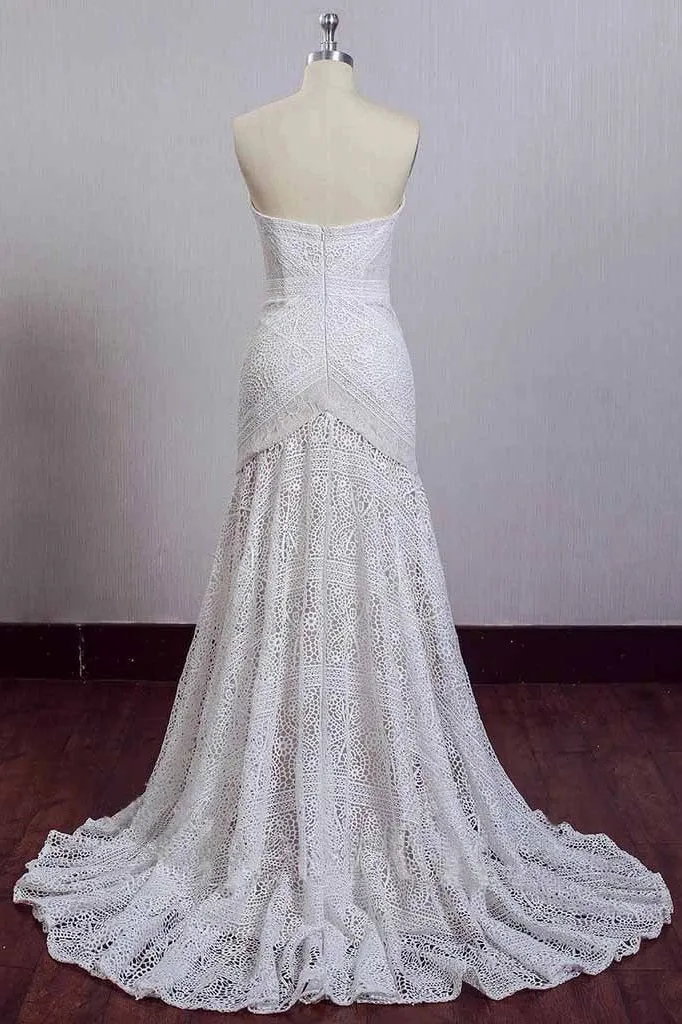 Chic Ivory Lace Mermaid Beach Wedding Dresses Sweetheart Rustic Boho Bridal Dresses UQ2022