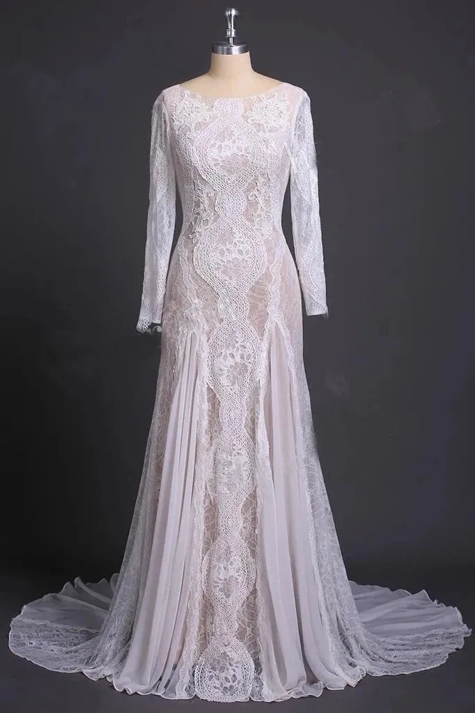 Column Lace Bridal Dress, Long Sleeves Backless Boho Beach Wedding Dresses UQ2017