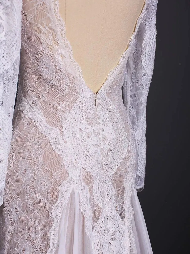Column Lace Bridal Dress, Long Sleeves Backless Boho Beach Wedding Dresses UQ2017
