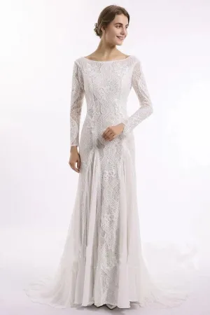 Column Lace Bridal Dress, Long Sleeves Backless Boho Beach Wedding Dresses UQ2017