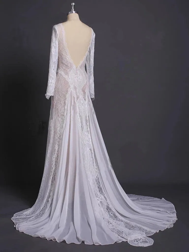 Column Lace Bridal Dress, Long Sleeves Backless Boho Beach Wedding Dresses UQ2017
