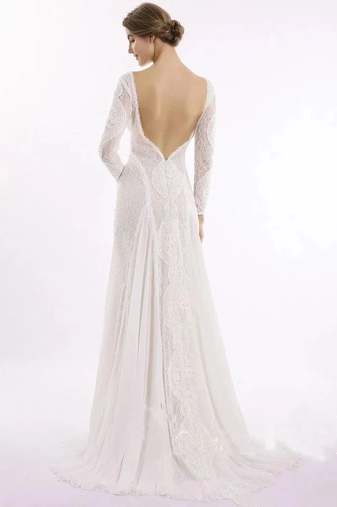 Column Lace Bridal Dress, Long Sleeves Backless Boho Beach Wedding Dresses UQ2017