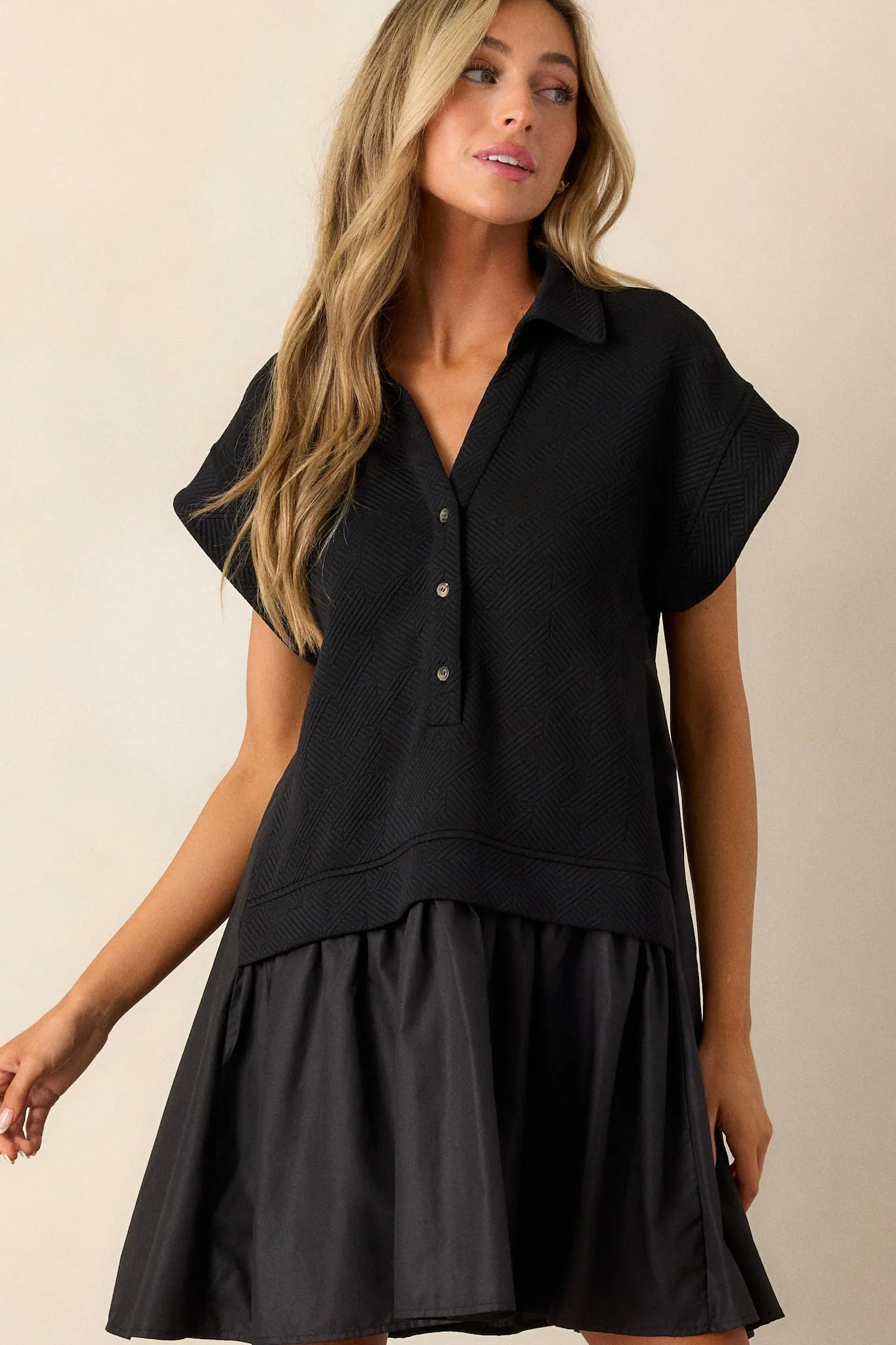 Delightful Drape Black Short Sleeve Quilted Dress