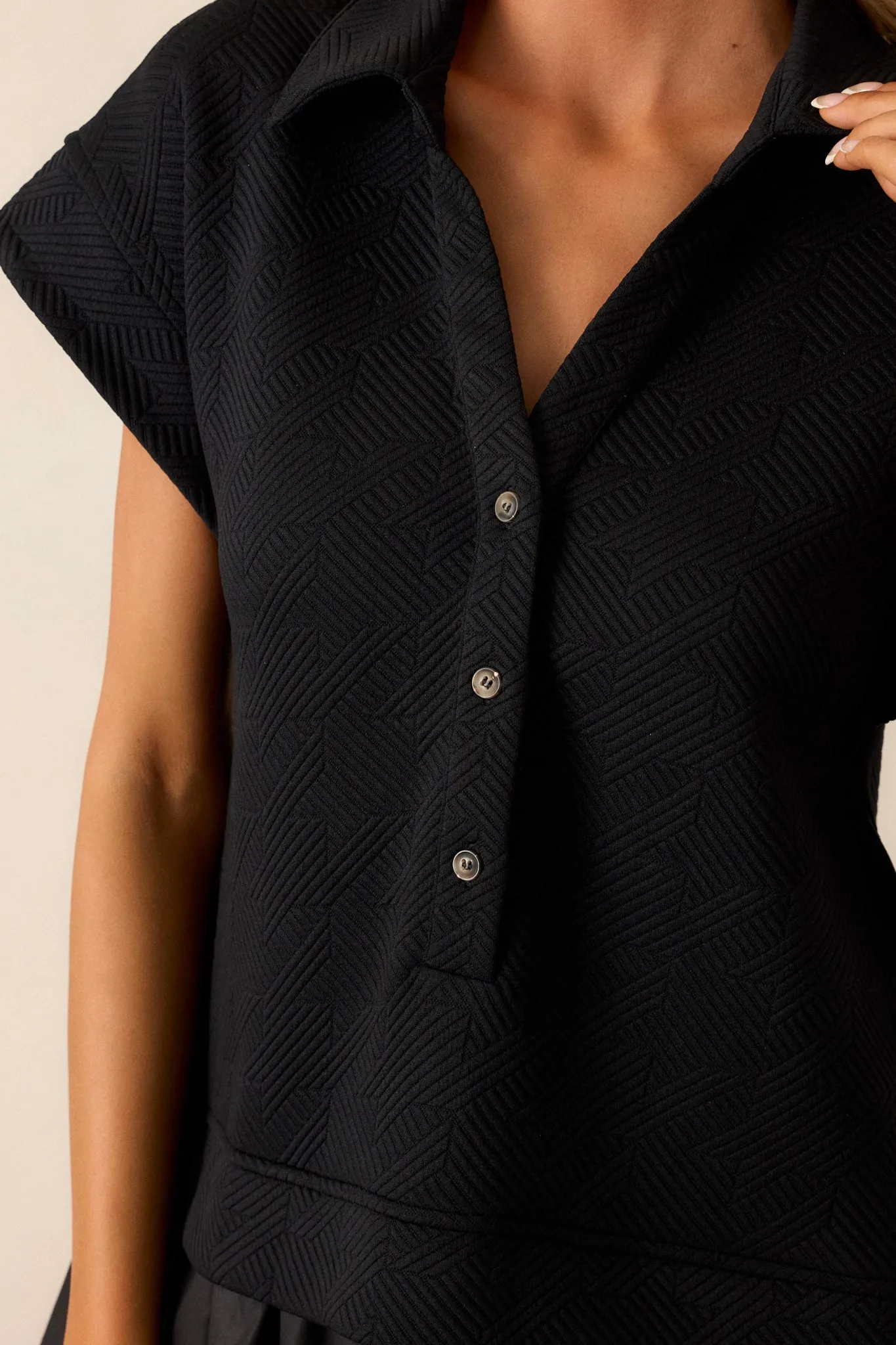 Delightful Drape Black Short Sleeve Quilted Dress