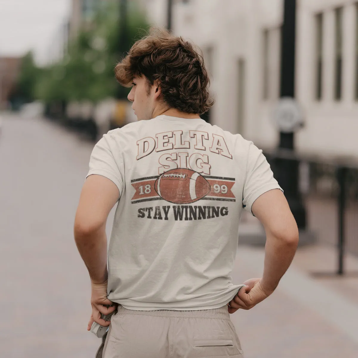 Delta Sig Comfort Colors Stay Winning Football Short Sleeve Tee