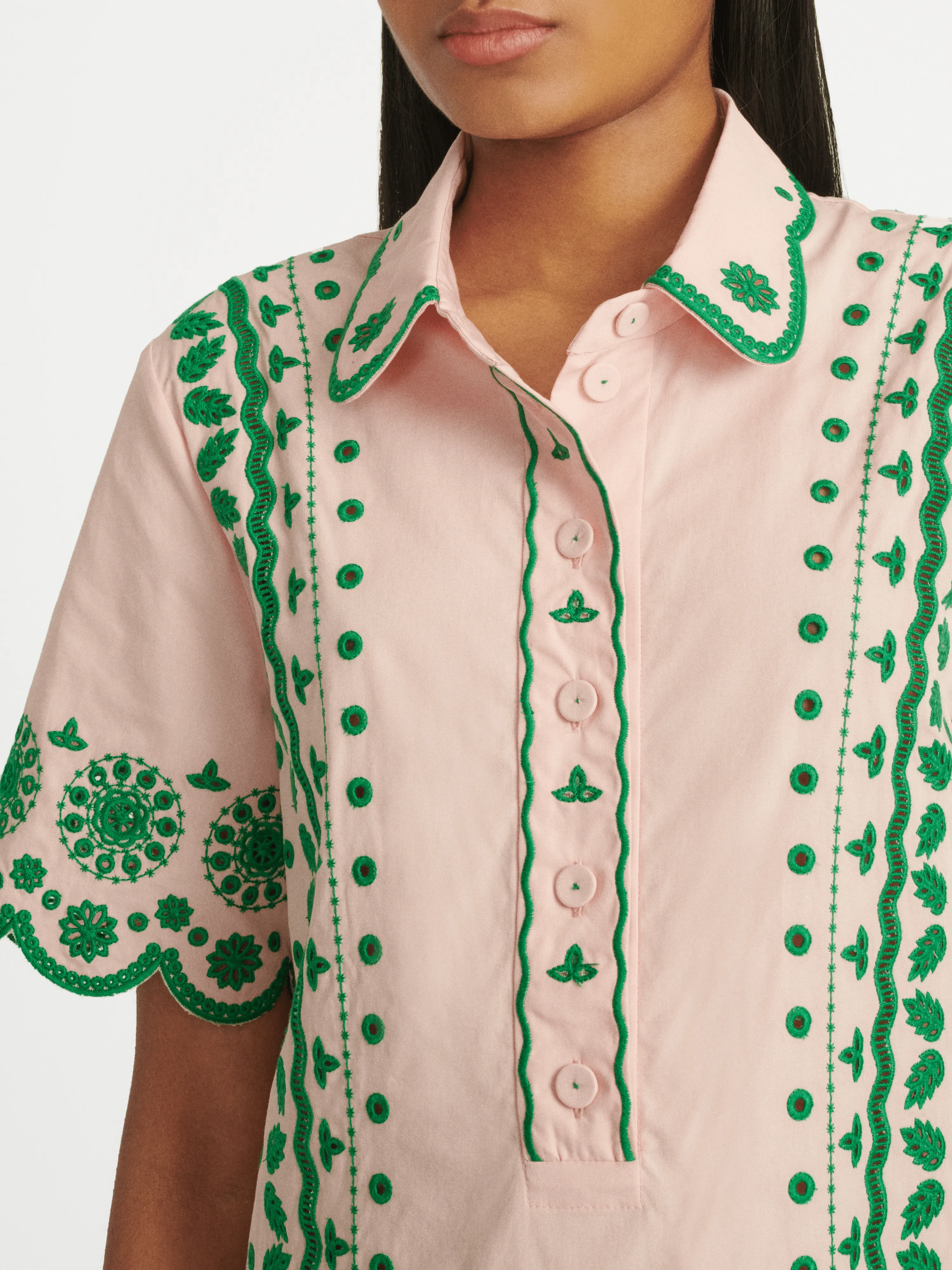 Dree Cotton Broderie-anglaise Shirt Dress in Blush Pink Apple