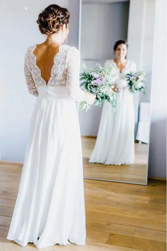 Floor Length 3/4 Sleeves Chiffon Beach Wedding Dress with Lace, Backless Bridal Dress UQ2016