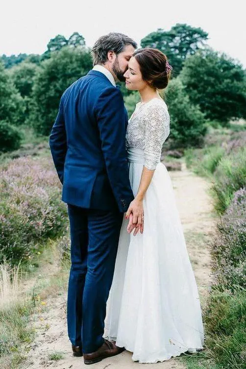 Floor Length 3/4 Sleeves Chiffon Beach Wedding Dress with Lace, Backless Bridal Dress UQ2016