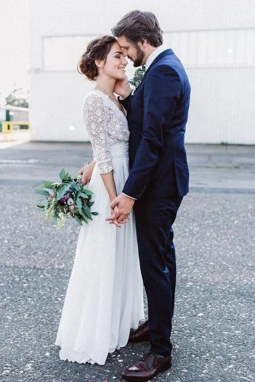 Floor Length 3/4 Sleeves Chiffon Beach Wedding Dress with Lace, Backless Bridal Dress UQ2016