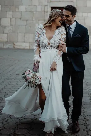 Floor Length Long Sleeves Sheer Neck Split Appliques Chiffon Beach Wedding Dress UQ2491