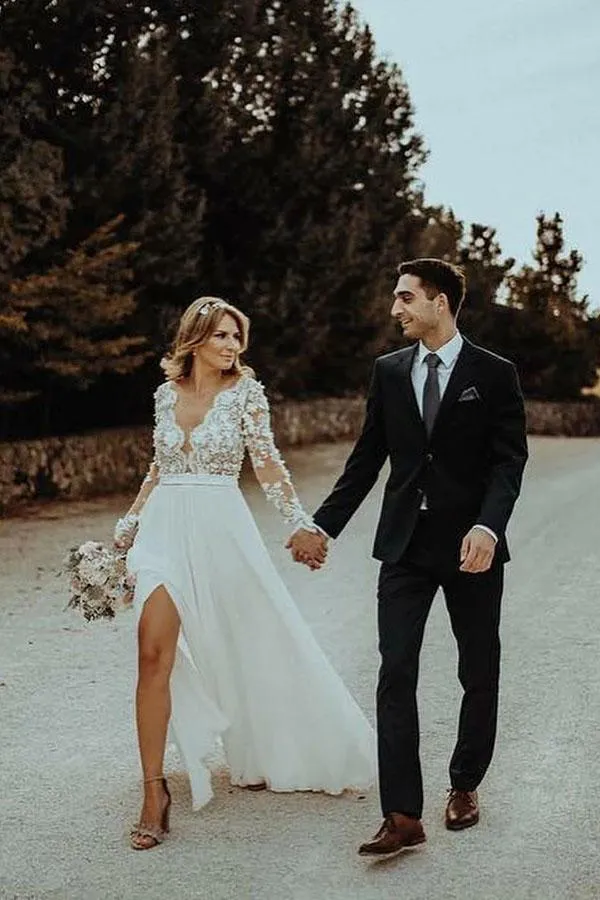 Floor Length Long Sleeves Sheer Neck Split Appliques Chiffon Beach Wedding Dress UQ2491
