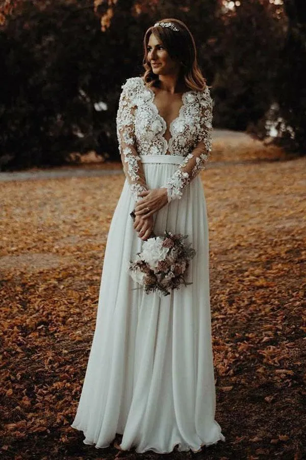 Floor Length Long Sleeves Sheer Neck Split Appliques Chiffon Beach Wedding Dress UQ2491