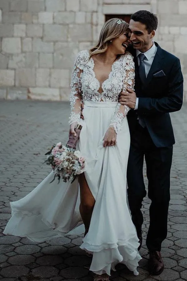 Floor Length Long Sleeves Sheer Neck Split Appliques Chiffon Beach Wedding Dress UQ2491