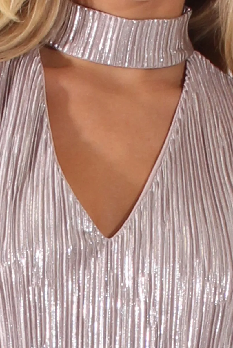 Grey Metallic Shimmer Pleated High Neck Cut Out Crop Top - Polly