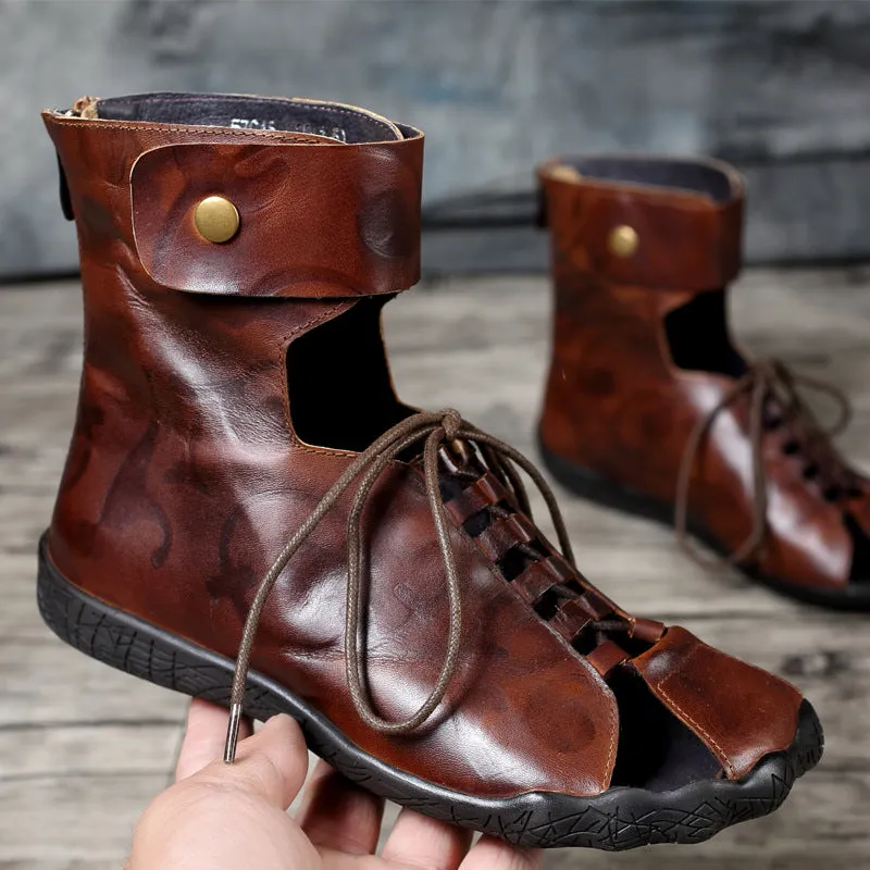 Handmade Retro Cut Out Summer Leather Sandals Boots