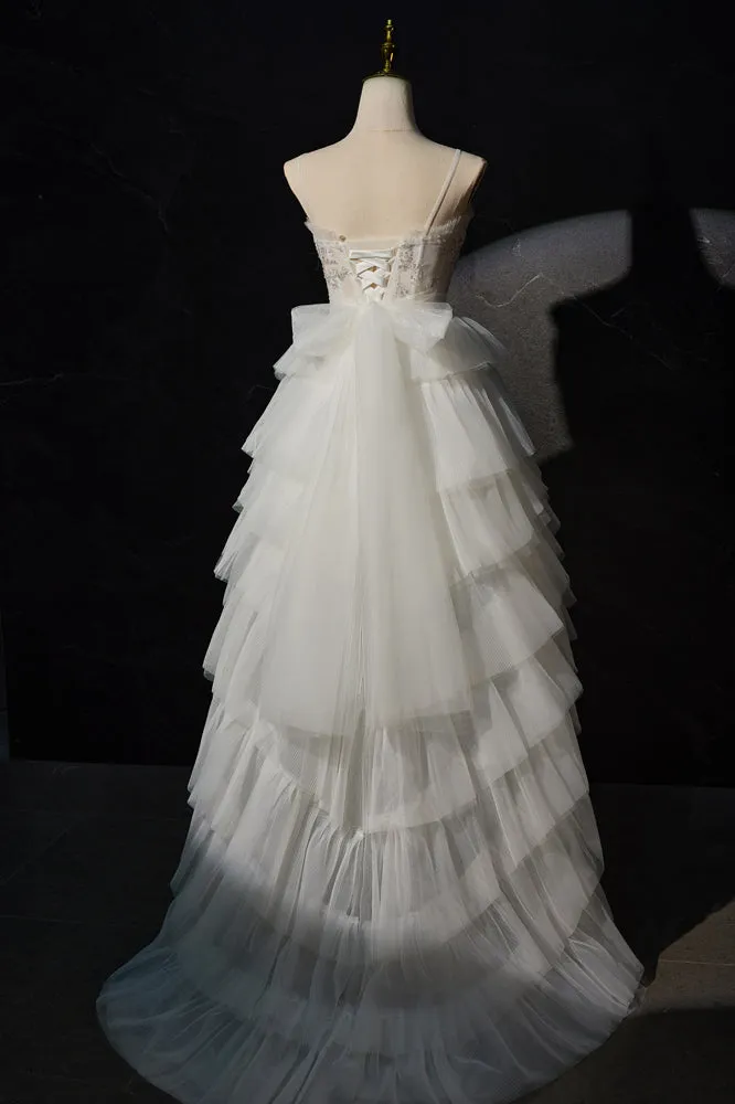 High Low Spaghetti Straps Tulle Beach Wedding Dress with Beading, Bridal Gown UQW0115