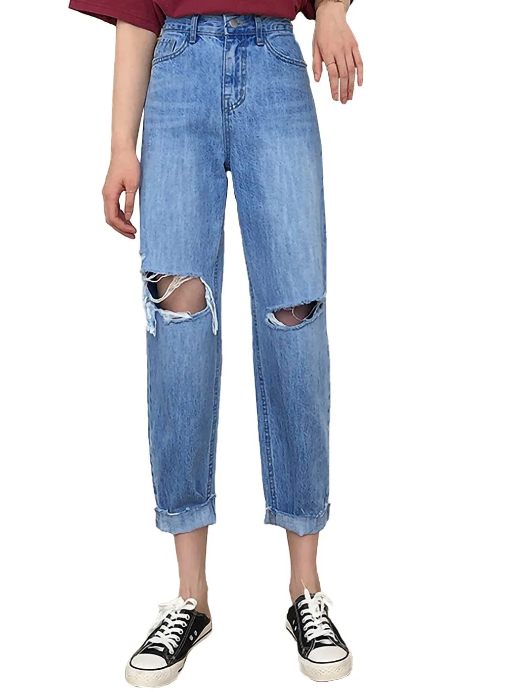 High Waist Ripped Boyfriend Jeans