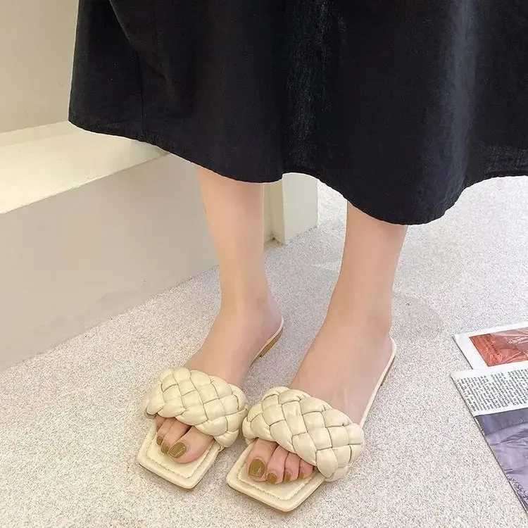 Hnzxzm Solid color women's Slippers Braided Design Charm Open-toe Set Foot Vacation Beach Flat Sandals Casual Flip Flops Women Shoes