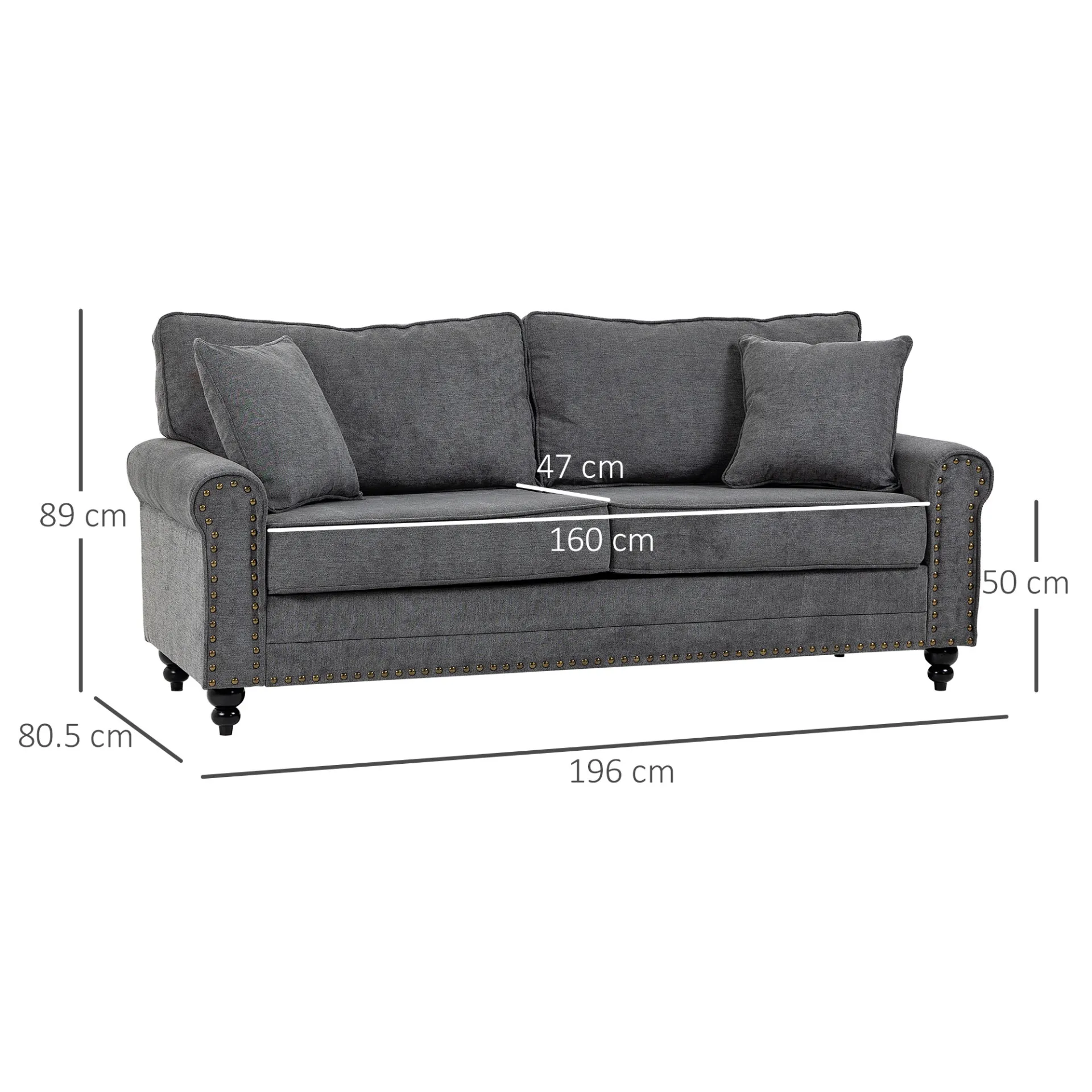 HOMCOM Grey 2 Seater Sofa for Living Room – Fabric Loveseat with Cushions, Throw Pillows & Nailhead Trim