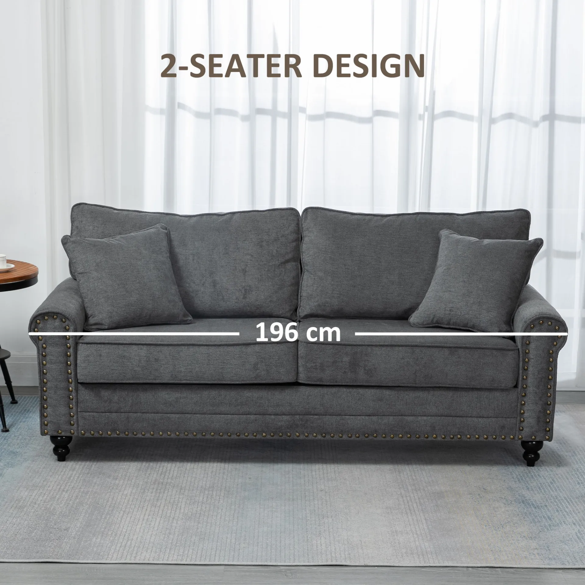 HOMCOM Grey 2 Seater Sofa for Living Room – Fabric Loveseat with Cushions, Throw Pillows & Nailhead Trim