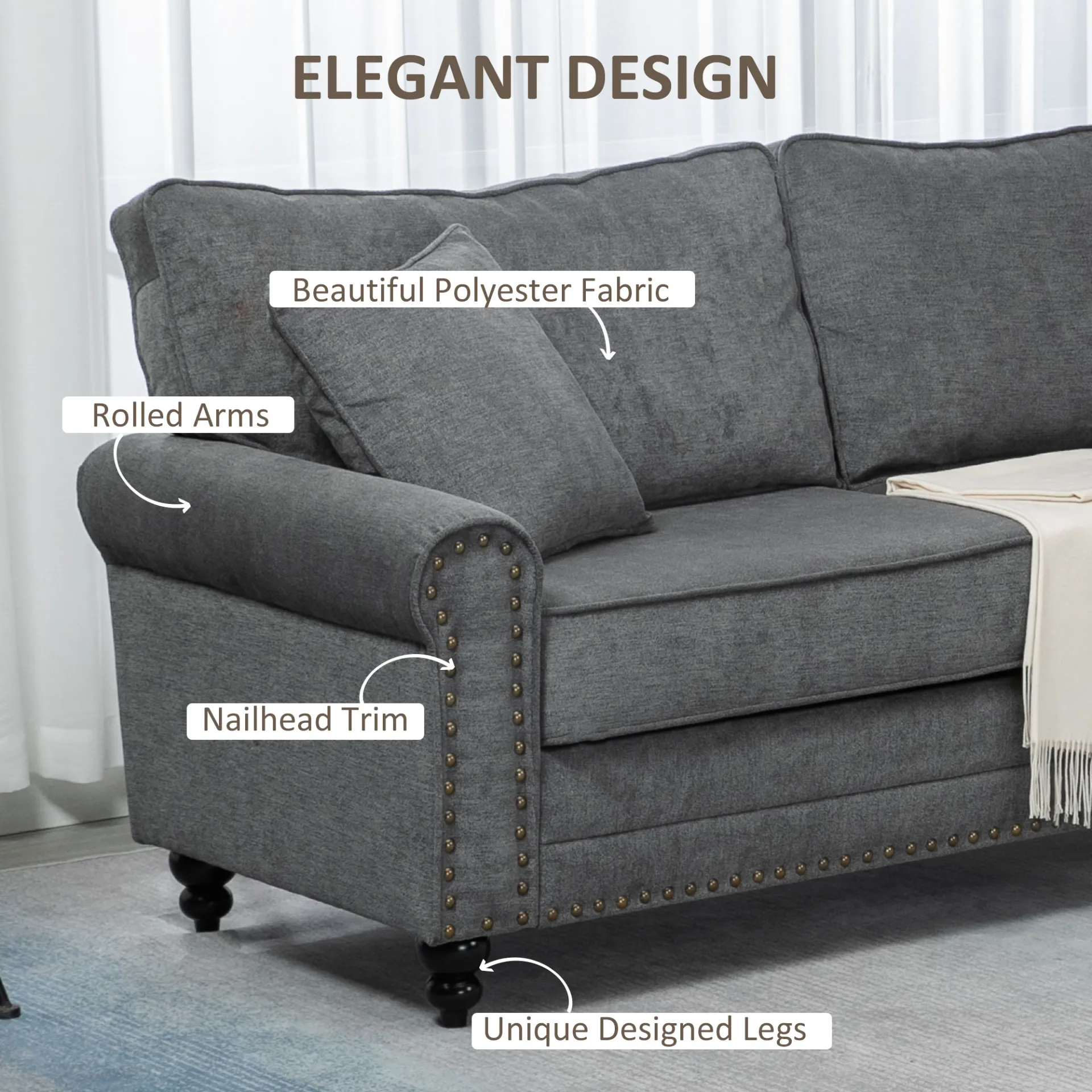 HOMCOM Grey 2 Seater Sofa for Living Room – Fabric Loveseat with Cushions, Throw Pillows & Nailhead Trim