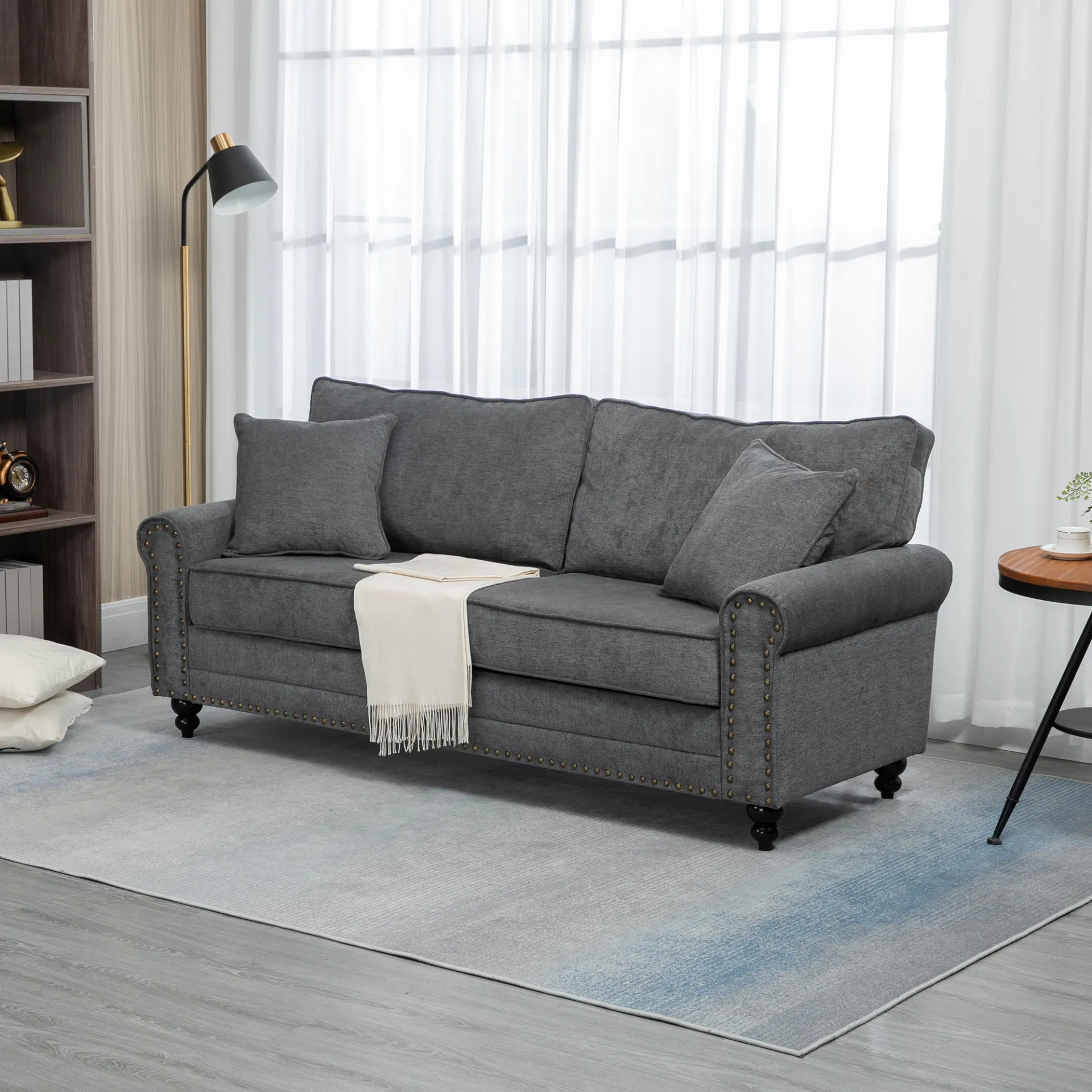 HOMCOM Grey 2 Seater Sofa for Living Room – Fabric Loveseat with Cushions, Throw Pillows & Nailhead Trim