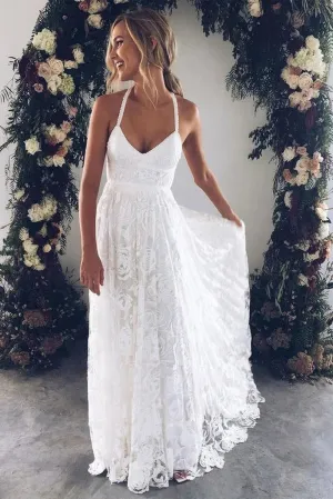 Ivory Spaghetti Strap Lace Open Back Side Split Long Beach Wedding Dresses UQW0031