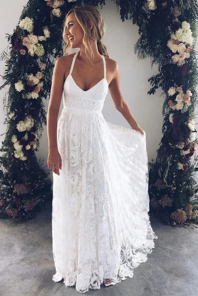 Ivory Spaghetti Strap Lace Open Back Side Split Long Beach Wedding Dresses UQW0031
