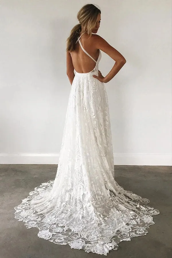 Ivory Spaghetti Strap Lace Open Back Side Split Long Beach Wedding Dresses UQW0031