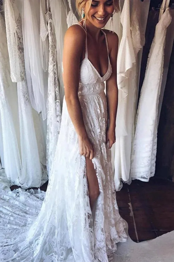 Ivory Spaghetti Strap Lace Open Back Side Split Long Beach Wedding Dresses UQW0031