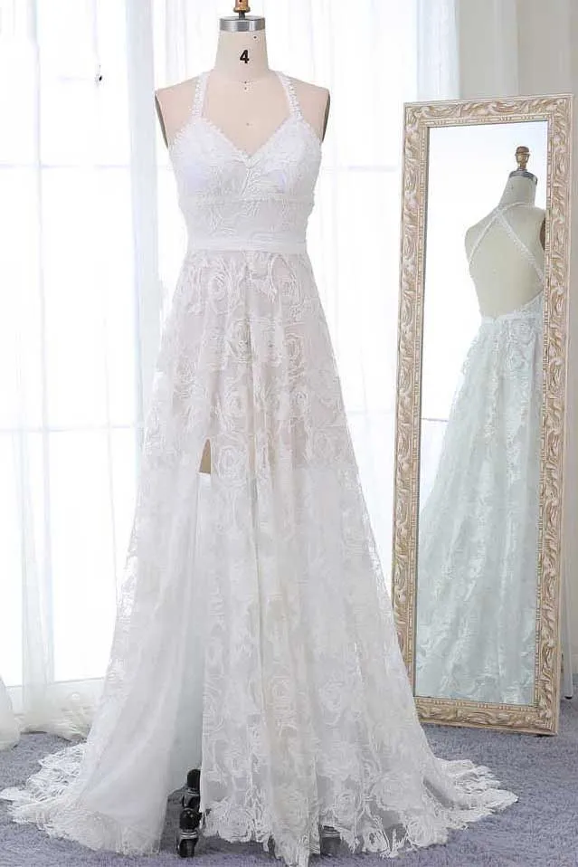 Ivory Spaghetti Strap Lace Open Back Side Split Long Beach Wedding Dresses UQW0031