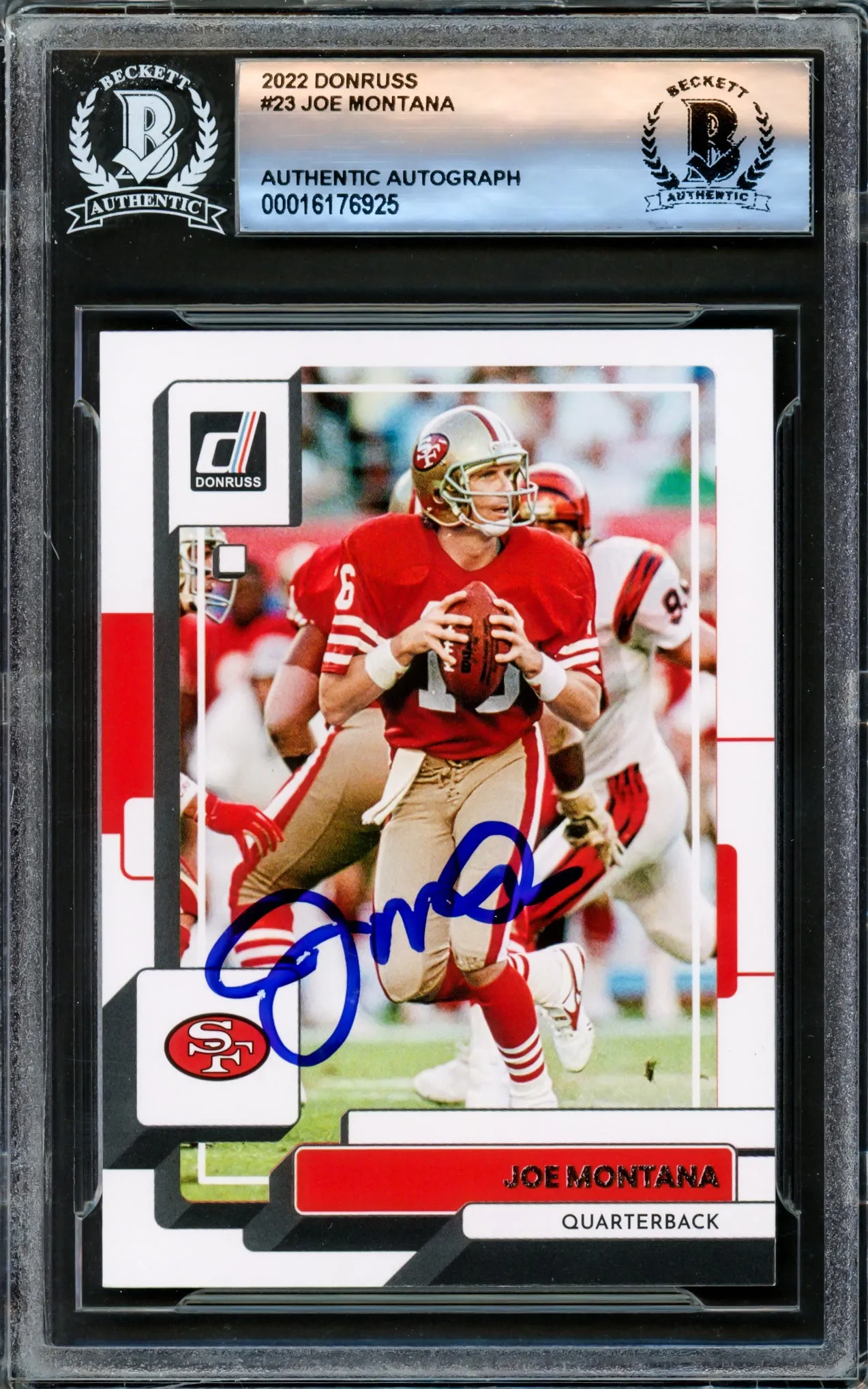 Joe Montana Autographed 2022 Donruss Card #23 San Francisco 49ers Beckett BAS Stock #221203