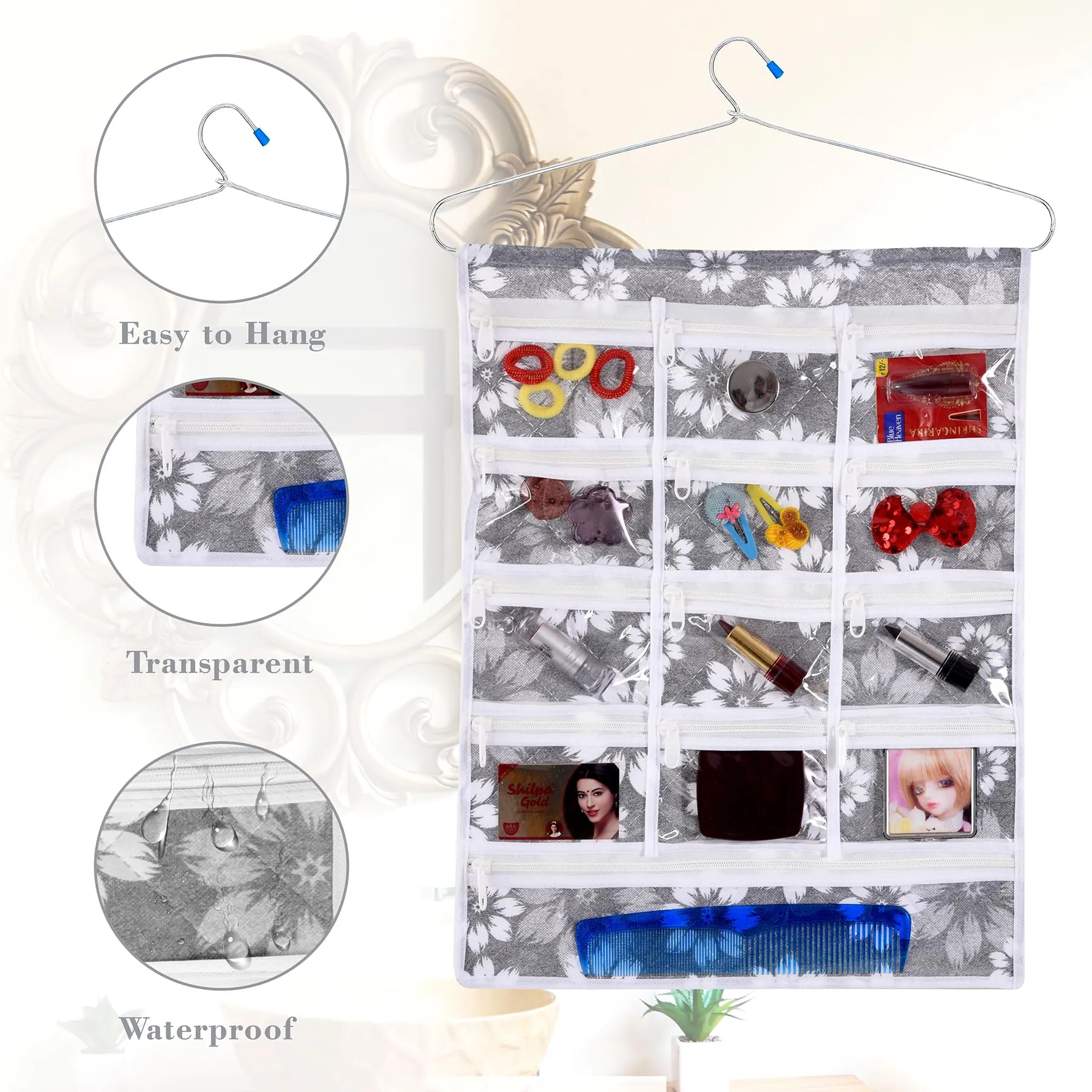 Kuber Industries Hanging Makeup Organizer | Waterproof Wall Hanging Organizer | 13 Pocket Jewellery Organizer | Cosmetic Organizer with Hanger | Flower Quilted | Gray