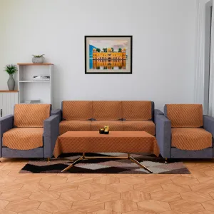 Kuber Industries Sofa-Center Cover Set | Sofa & Center Table Cover Combo | Quilted Sofa Cover with Table Cover | Velvet 5 Seater Sofa & Table Cover Set for Living Room | Brown