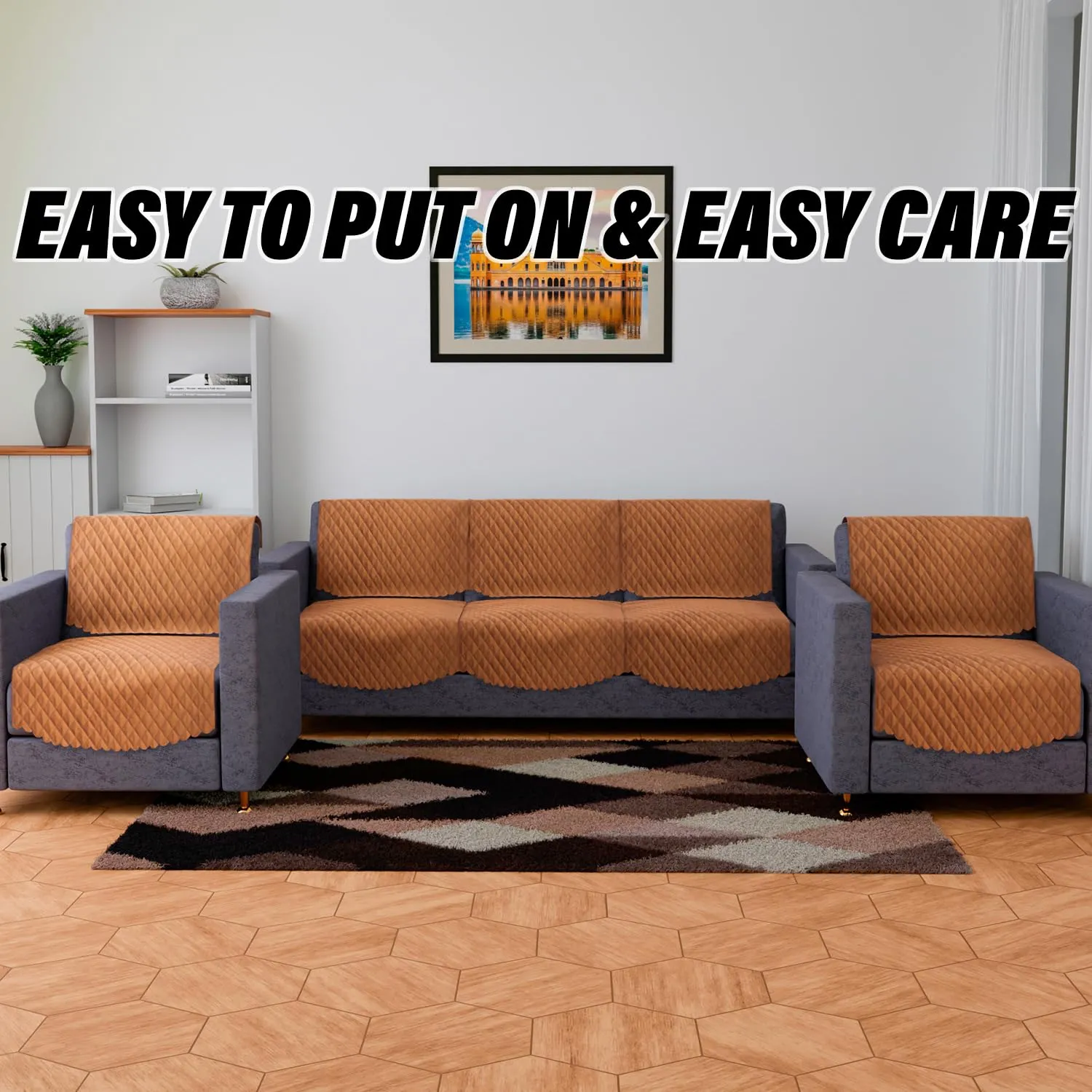 Kuber Industries Sofa-Center Cover Set | Sofa & Center Table Cover Combo | Quilted Sofa Cover with Table Cover | Velvet 5 Seater Sofa & Table Cover Set for Living Room | Brown