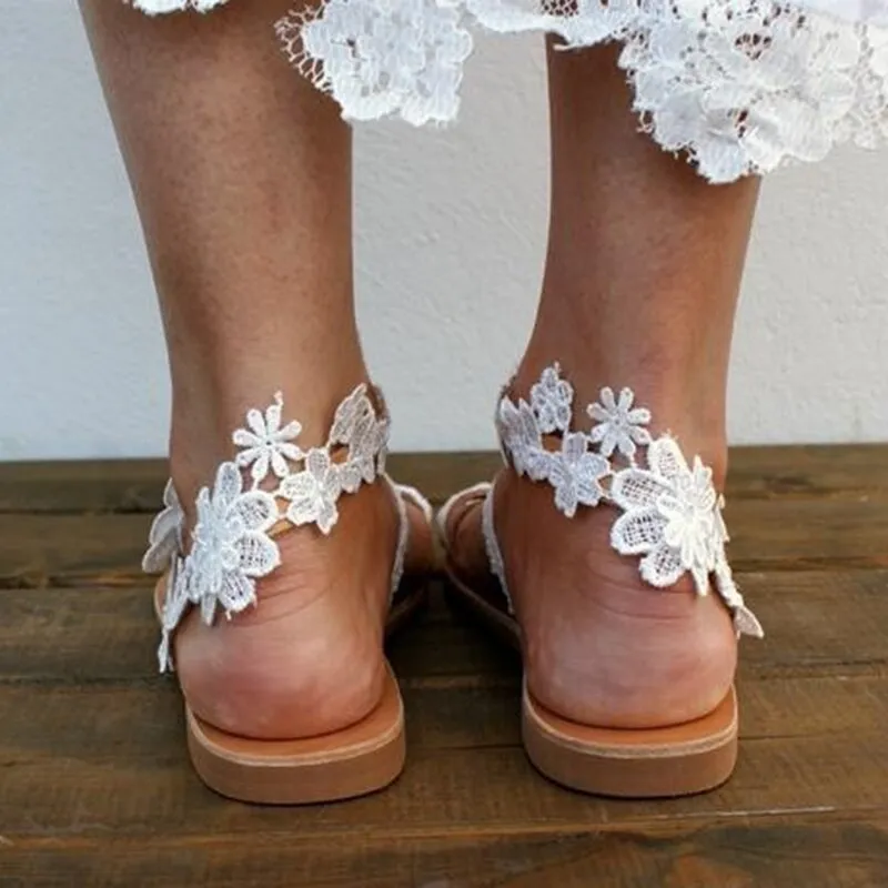 LDM Women Floral Slip On Toe Ring Flat Sandals Lace Ankle Strap Beach Summer Shoes