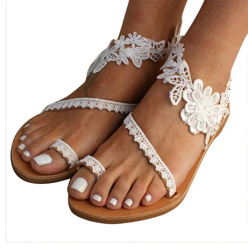 LDM Women Floral Slip On Toe Ring Flat Sandals Lace Ankle Strap Beach Summer Shoes