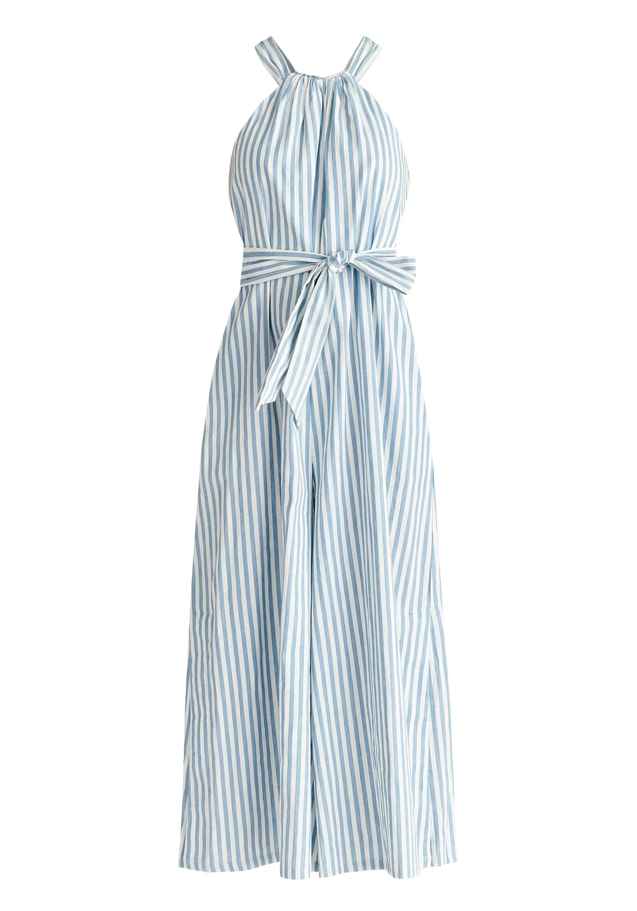 Light Blue and White Striped Halterneck Cotton Jumpsuit