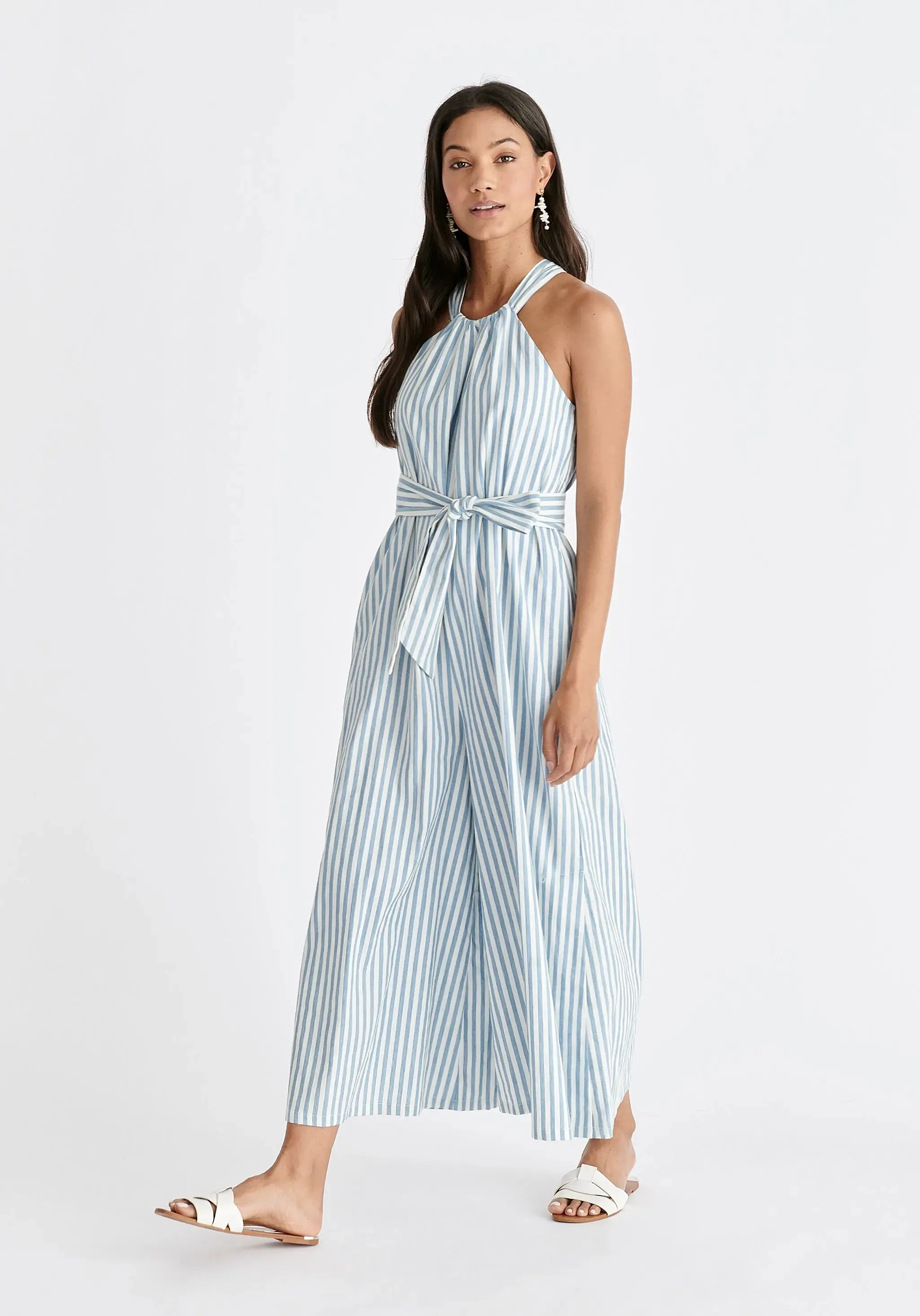 Light Blue and White Striped Halterneck Cotton Jumpsuit