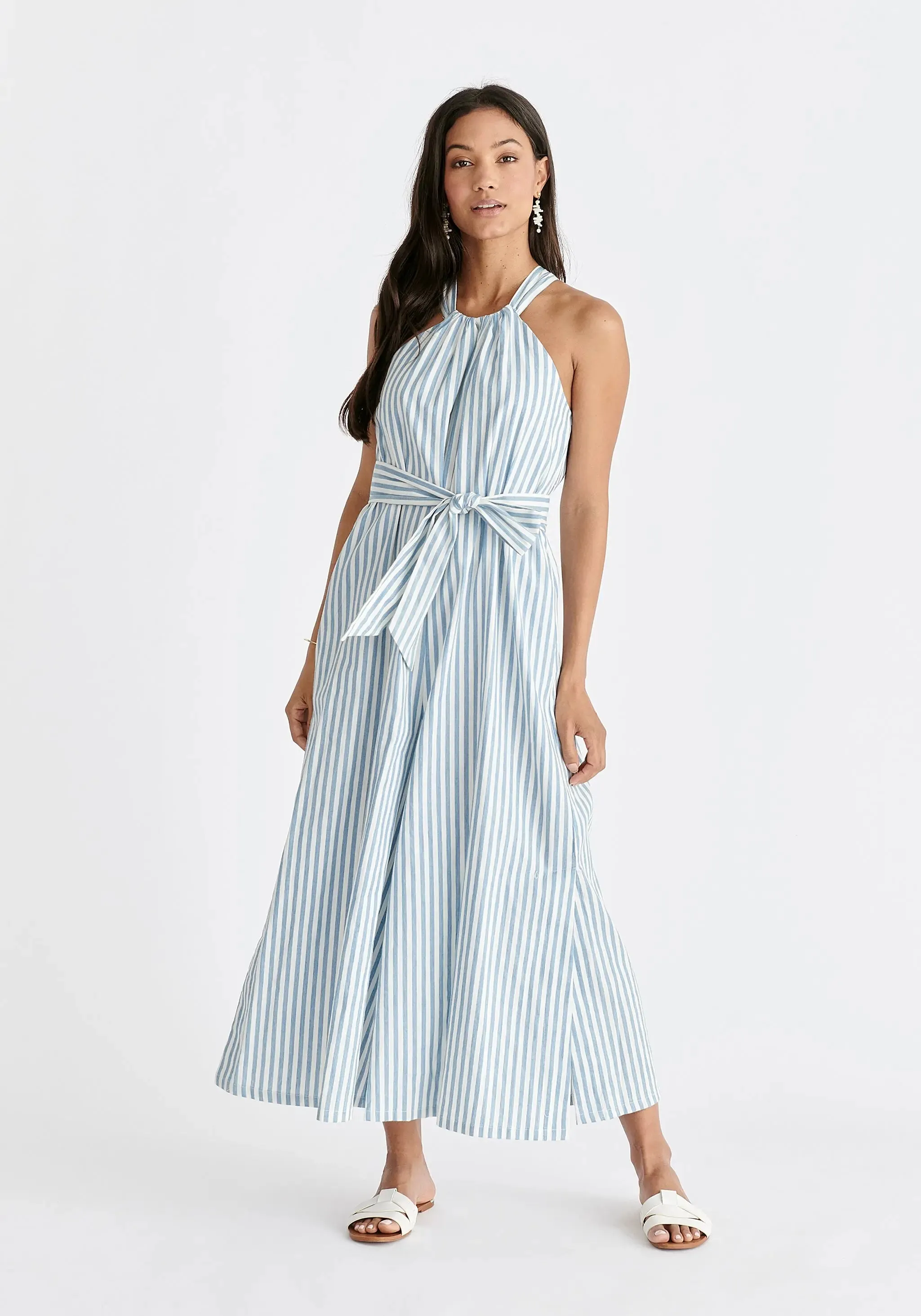 Light Blue and White Striped Halterneck Cotton Jumpsuit
