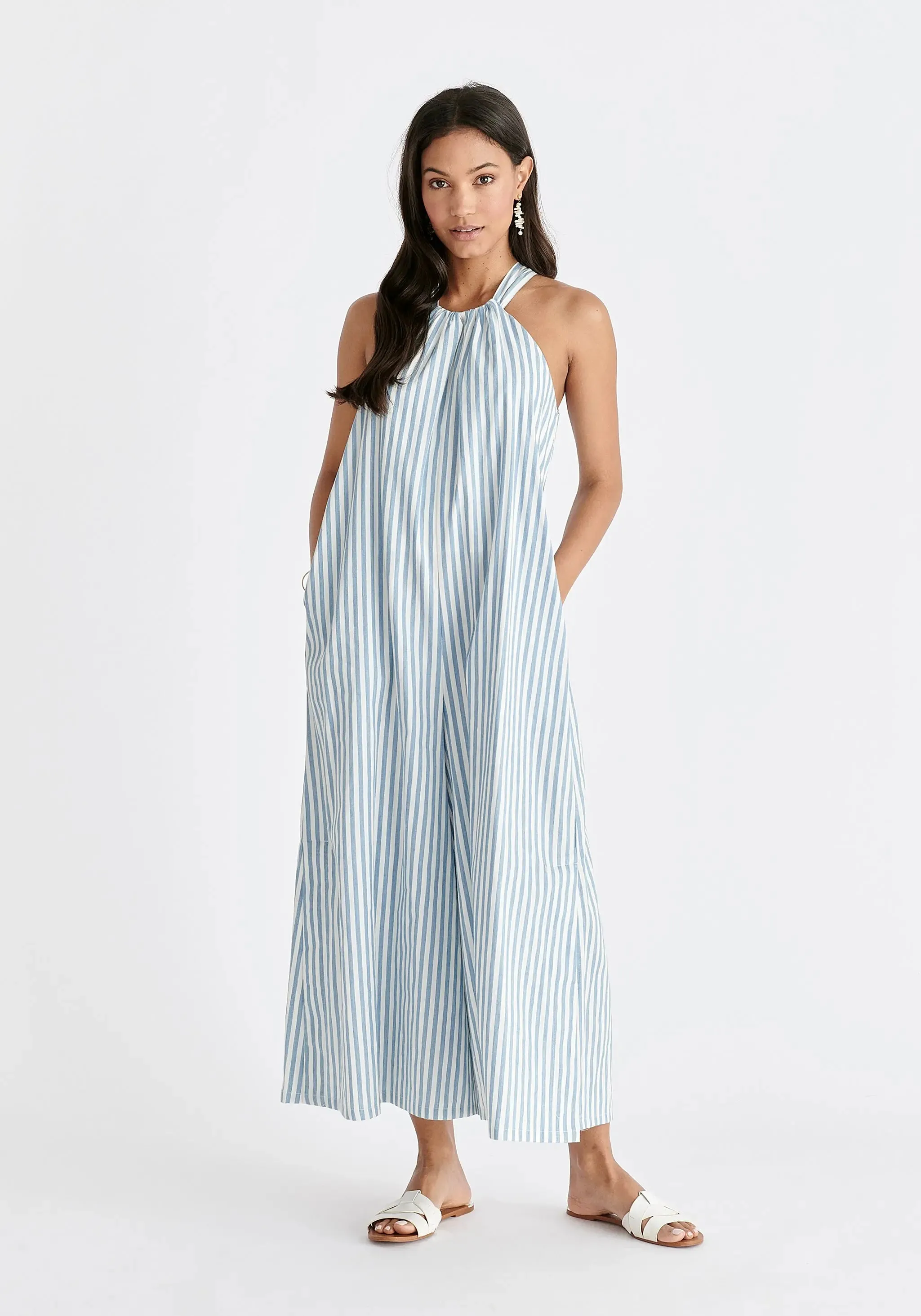 Light Blue and White Striped Halterneck Cotton Jumpsuit