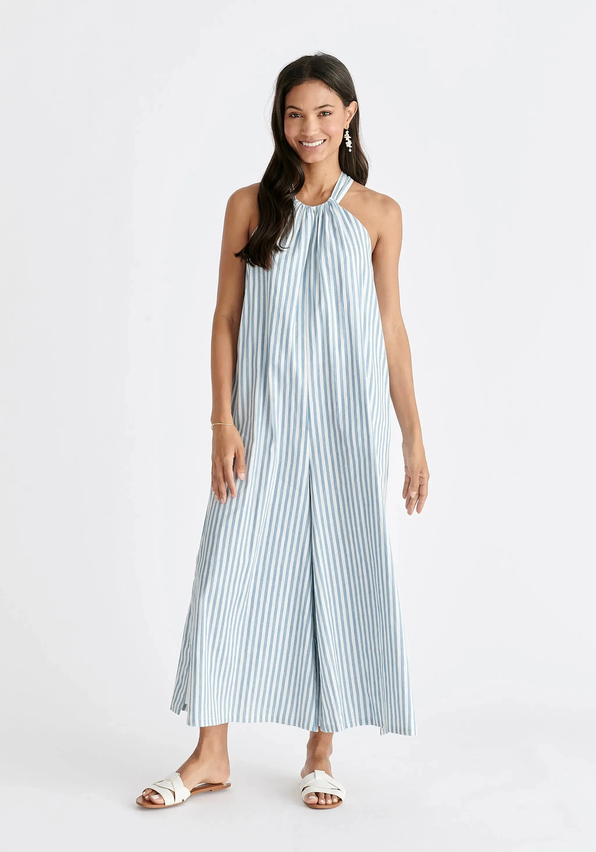 Light Blue and White Striped Halterneck Cotton Jumpsuit