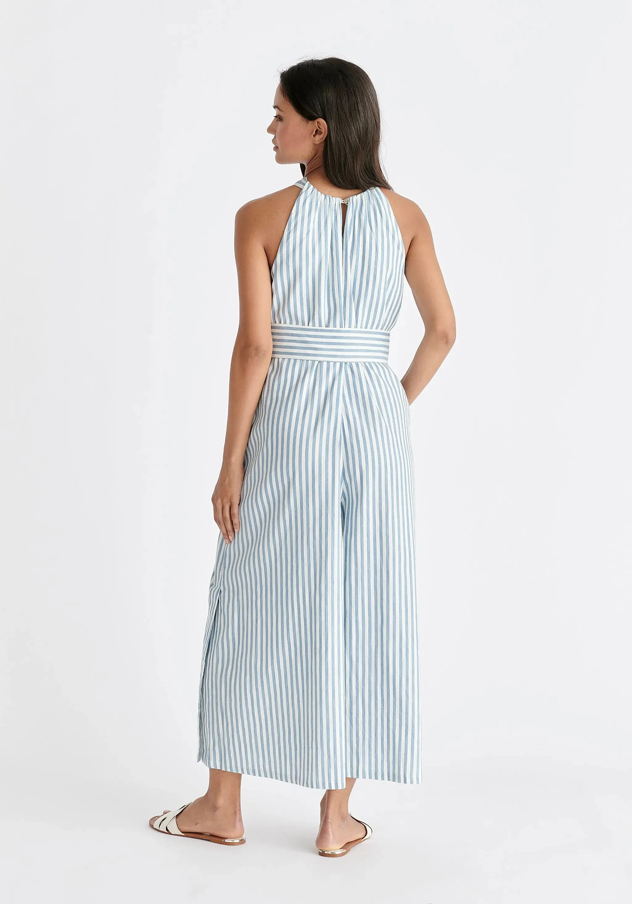 Light Blue and White Striped Halterneck Cotton Jumpsuit
