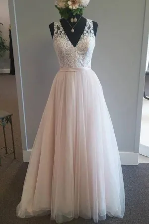 Light Pink V Neck Sleeveless Tulle Beach Wedding Dress with Lace Applique, Bridal Dress UQ2523